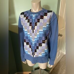 Blue Patchwork Quilted Panel Crewneck Sweater Ladies XL